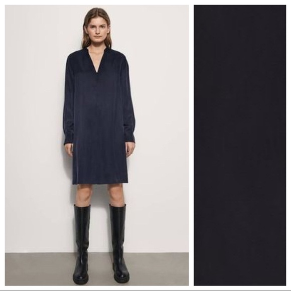 NWOT. Massimo Dutti Navy Blue 100% Cupro V-neckline Midi Dress. Size 2. - Picture 1 of 9